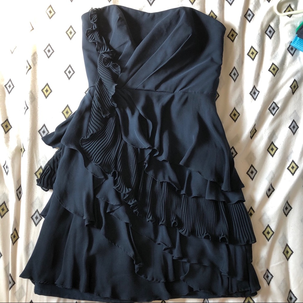 Navy Ruffle Strapless Party Dress